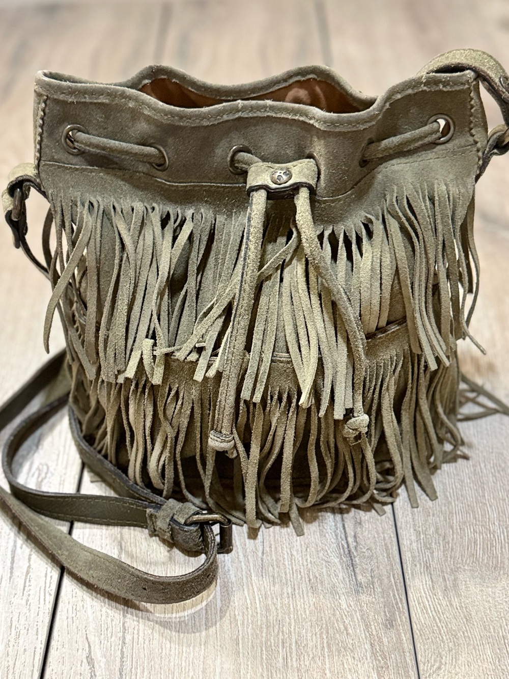 Patricia Nash Crossbody Boho Suede Fringe Bucket Bag Olive Green - Picture 2 of 16